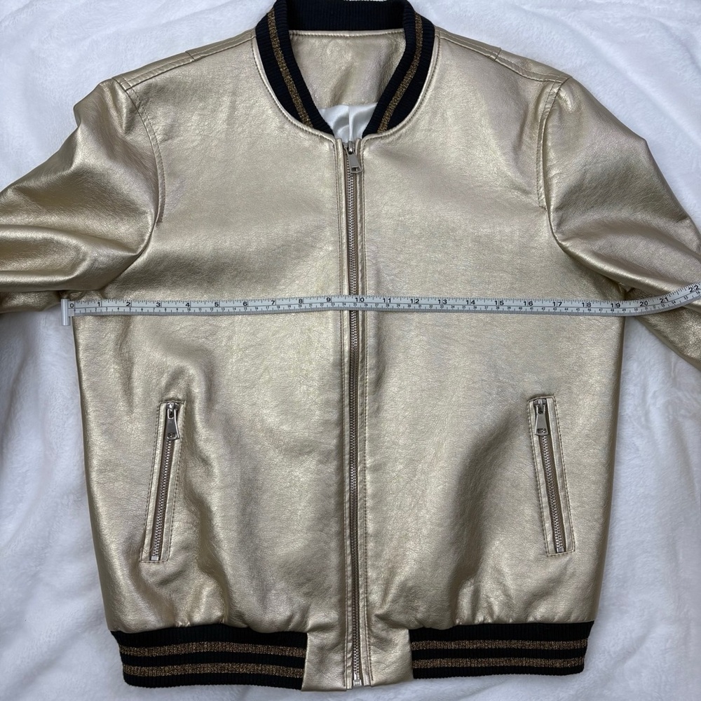 Gold Metallic Bomber Jacket — Full Zip, Rib Trim, Size M (Measurements Included) - Picture 5 of 6